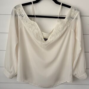 Express Women’s Ivory Lace-Trim V-Neck Blouse